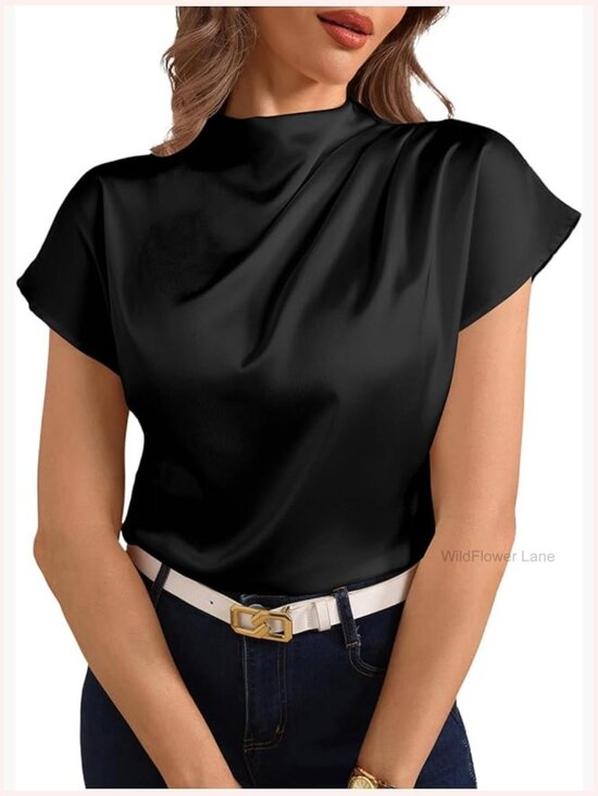 Tops - Mock Neck Satin Blouse Dolman Short Sleeve Ruched Elegant Top